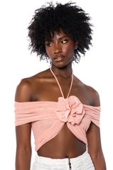 AIRA MESH OFF THE SHOULDER HALTER CROP TOP IN BLUSH PINK