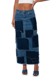 ALWAYS GOOD PATCHWORK DENIM MAXI SKIRT