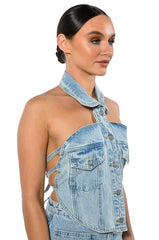 ANGELICA DENIM BUTTON DOWN COLLAR CORSET TOP