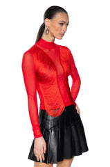 ANNIKA FRINGE DETAIL LONG SLEEVE MESH TOP IN RED