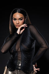 ANNIKA FRINGE DETAIL LONG SLEEVE MESH TOP