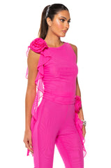 ARIANA FLOUNCED SLEEVELESS MESH TOP