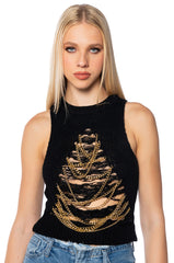 ARYA SLEEVELESS DISTRESSED CHAIN SWEATER