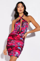 AS IS SWIRL PRINT MESH COWL MINI DRESS