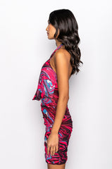 AS IS SWIRL PRINT MESH COWL MINI DRESS