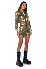 AUBREY BRUSHED METALLIC CROPPED DENIM JACKET