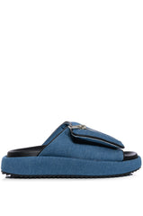 AZALEA WANG CALICO FLAT SLIP ON SANDAL IN BLUE DENIM