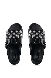 AZALEA WANG CASSANDRA BLACK SILVER CHARM SLIDE ON SANDAL