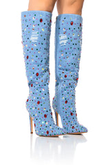 AZALEA WANG CHILI STILETTO EMBELLISHED BOOT IN DENIM