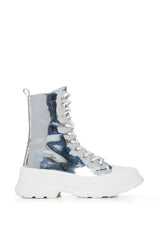 AZALEA WANG KHAZA SILVER MIRROR LACE UP COMBAT BOOTIE