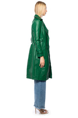SANDO GREEN PLEATHER TRENCH COAT WITH ZIPPER TRIM