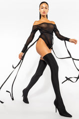 AZALEA WANG HEARTOUT THIGH HIGH STILETTO BOOT IN BLACK STRETCH