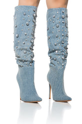 AZALEA WANG STARSHINE DENIM AND RHINESTONE SLOUCH BOOT