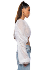 BELLE LONG SLEEVE SEQUIN MESH BLOUSE IN WHITE