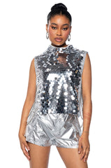 BORN THAT WAY SEQUIN OPEN SIDES MOCK NECK TOP