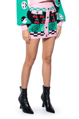 CHERRY ON TOP BUTTON FRONT KNIT MINI SKIRT