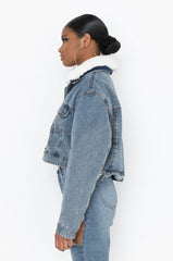 CROP DENIM JACKET WITH PLUSH COLLAR