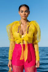 ANTOINETTE RHINESTONE TIE FRONT ORGANZA BLOUSE