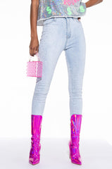 EXTREME STRETCH HIGH WAISTED SKINNY JEANS WITH RHINESTONES