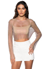 GLISTENING RHINESTONE MESH LONG SLEEVE TOP