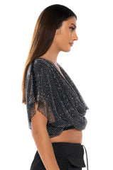 INDIGO DRAPED RHINESTONE MESH BLOUSE