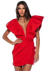 IRREPLACEABLE RUFFLE SLEEVE TULIP HEM MINI DRESS IN RED