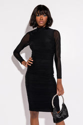 KEEP IT LOW KEY LONG SLEEVE MIDI RUCHED DRESS