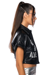 LEAVE ME ALONE BUTTON DOWN FAUX LEATHER SHIRT