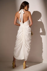 LOOK TWICE RUCHED MIDI DRESS IN WHITE