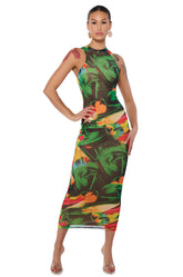 ON A ROLL PRINTED MAXI DRESS IN GREEN MULTI