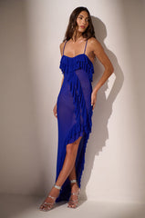 SHAKE IT SLEEVELESS RUFFLE MESH HIGH LOW MINI DRESS IN BLUE