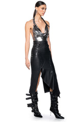 SILVER METALLIC HALTER NECK BUCKLE DETAIL TOP