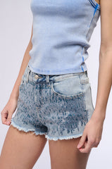 SPARKLE AND SHINE DISTRESSED DENIM SEQUIN SHORT