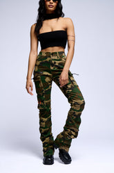 WOOD CAMO HIGH RISE STACKED PANTS