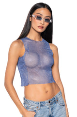 ZELDA RHINESTONE MESH SLEEVELESS TOP IN BLUE