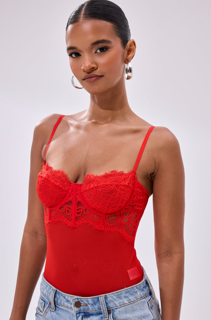 BURNING PASSION LACE BODYSUIT IN RED