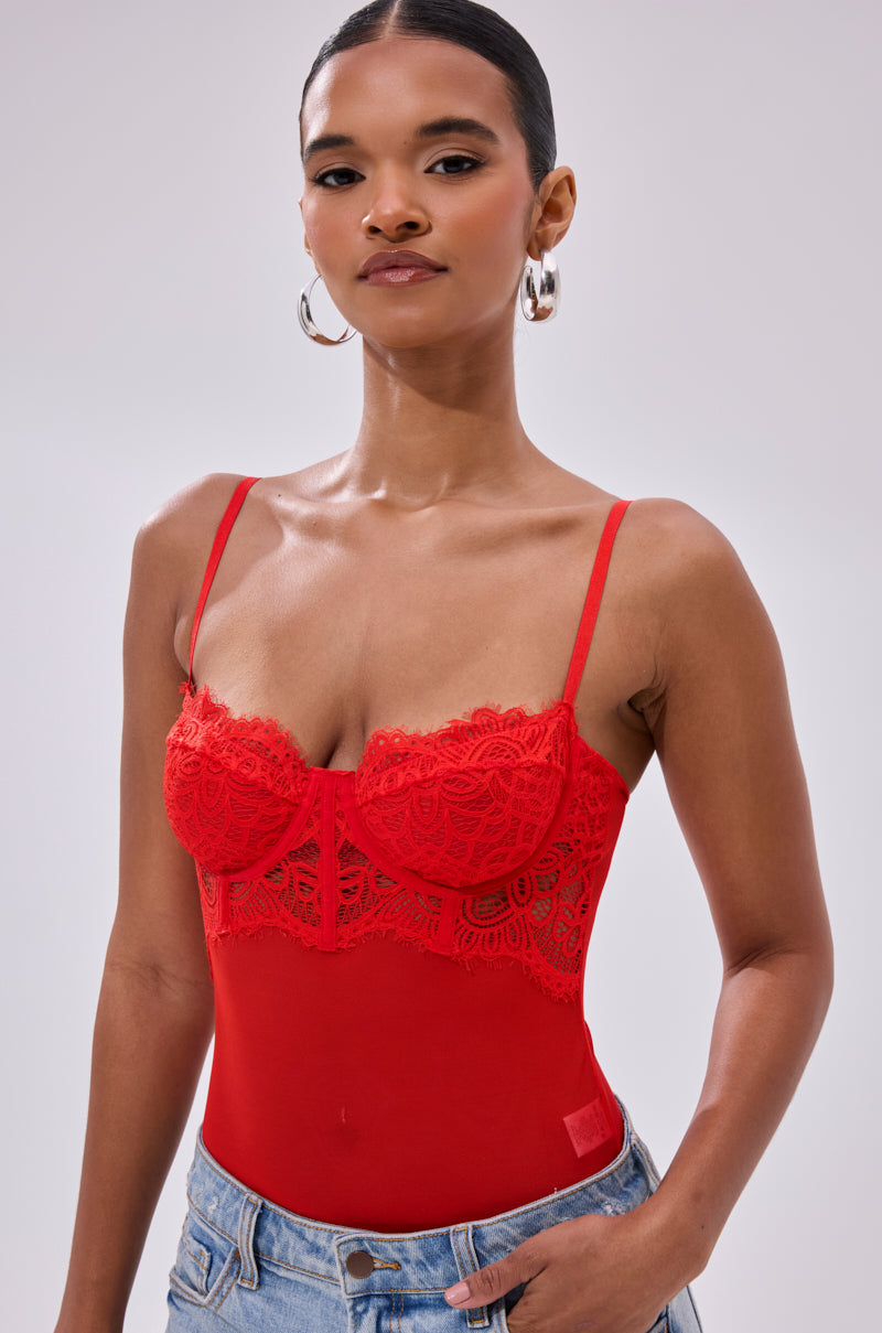 BURNING PASSION LACE BODYSUIT IN RED