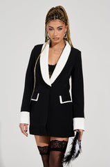 MIDNIGHT IN PARIS CONTRAST TRIM FITTED BLAZER IN BLACK
