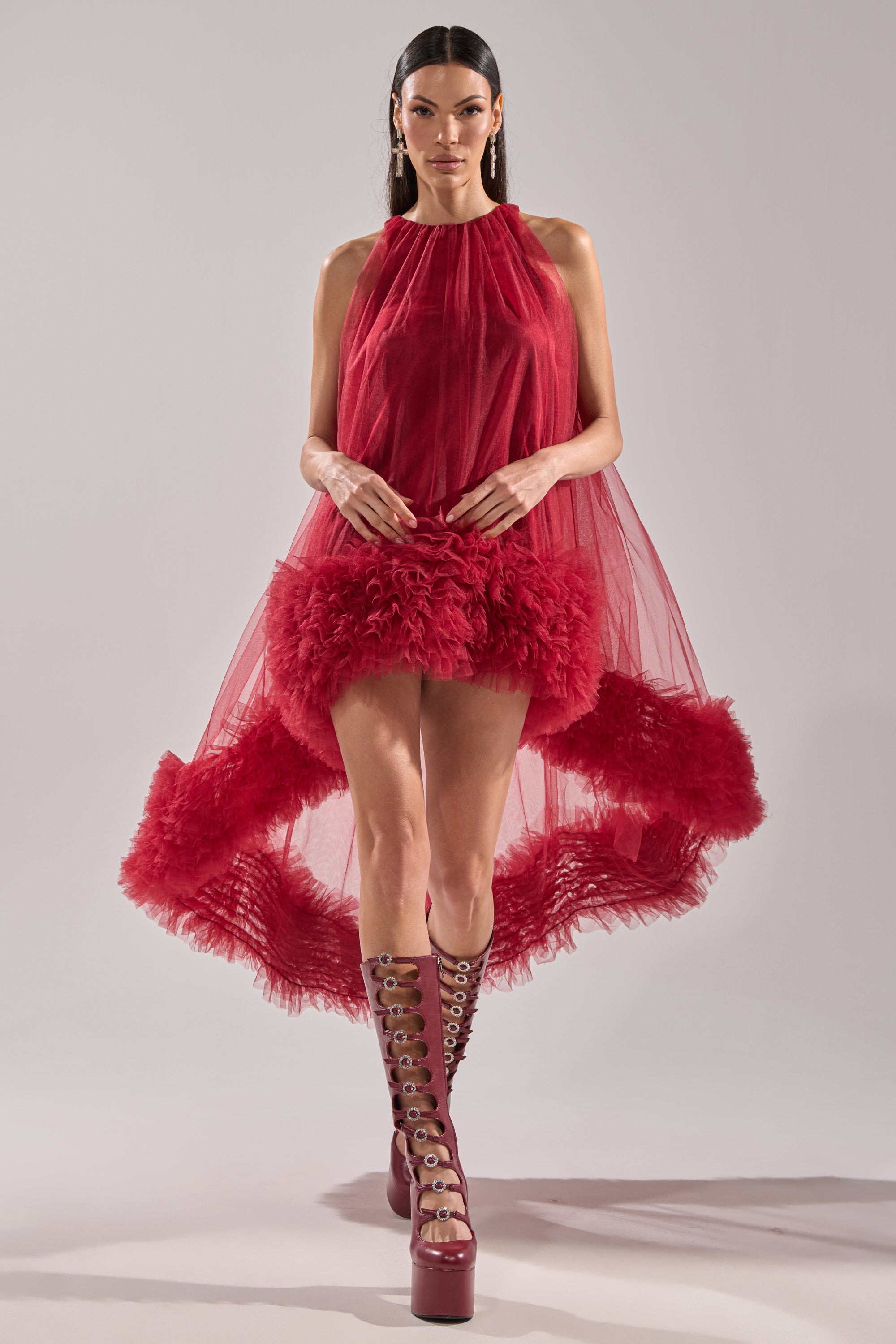 ARI TULLE HIGH LOW DRESS IN BURGUNDY
