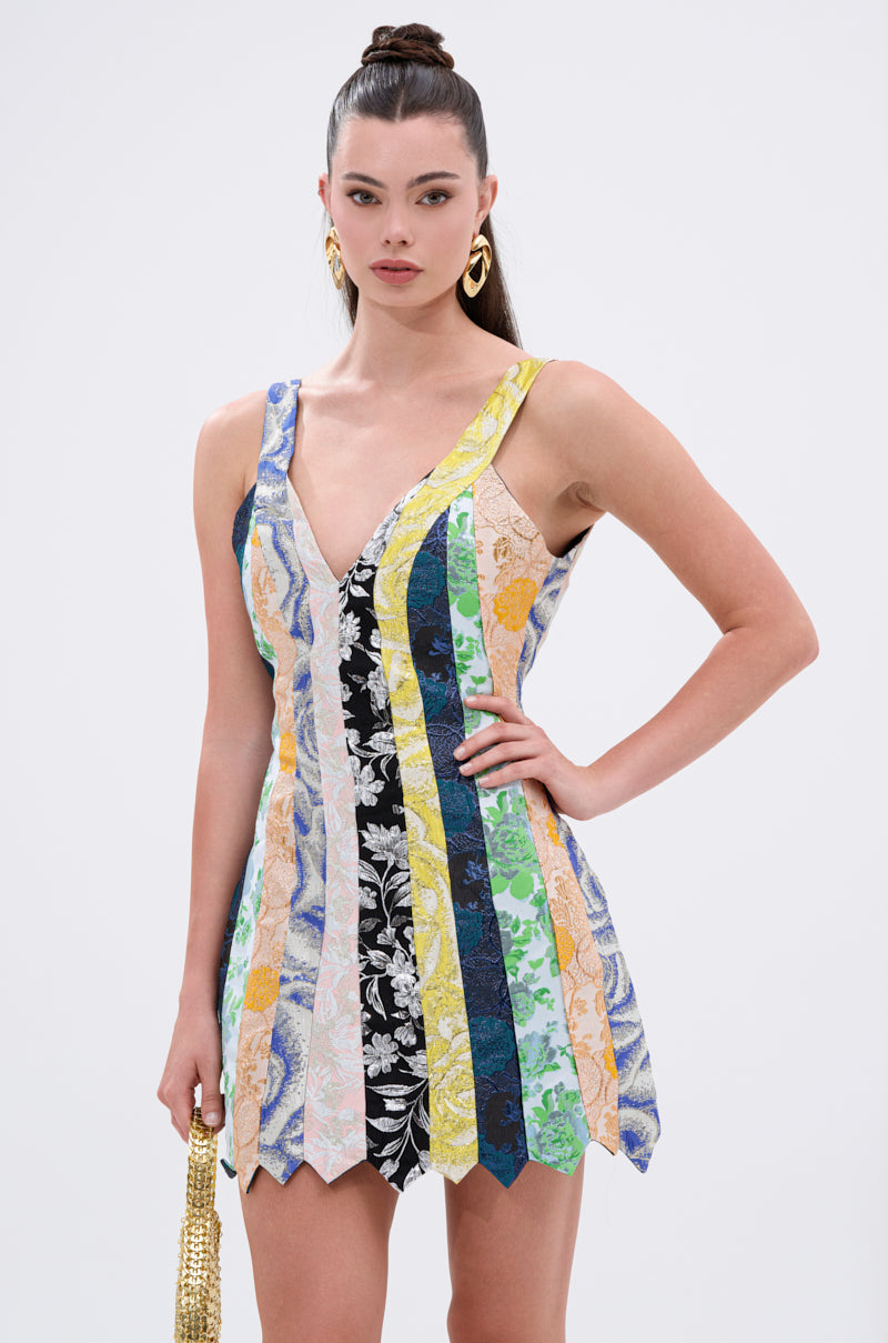 TIE ME DOWN AGAIN MINI DRESS IN BROCADE