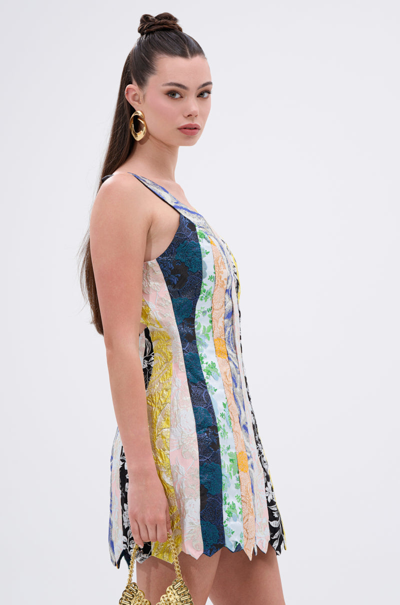 TIE ME DOWN AGAIN MINI DRESS IN BROCADE