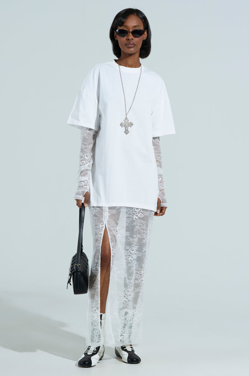 GIRLY BUT NOT LAYERED LACE MIDI DRESS IN WHITE