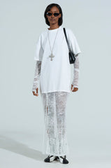 GIRLY BUT NOT LAYERED LACE MIDI DRESS IN WHITE