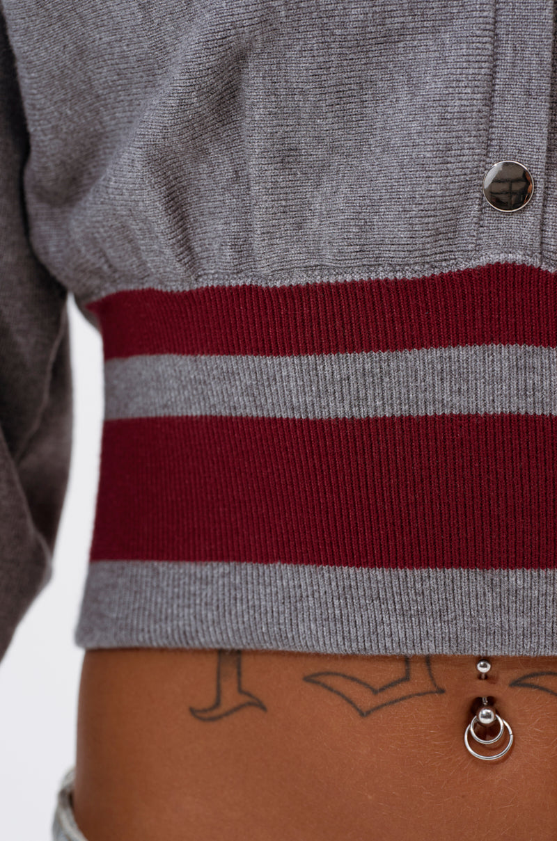 VARSITY TEAM BUTTON DOWN SWEATER IN HEATHER GREY