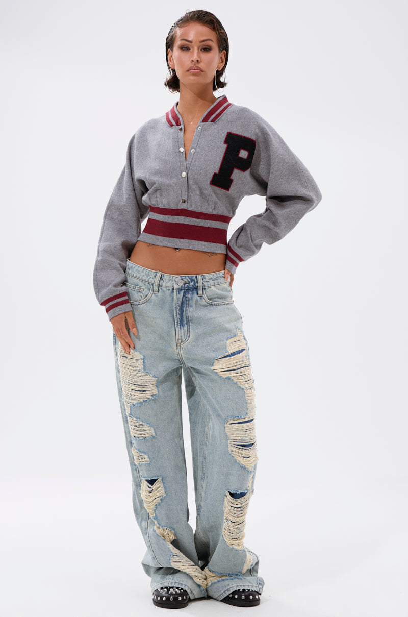 VARSITY TEAM BUTTON DOWN SWEATER IN HEATHER GREY