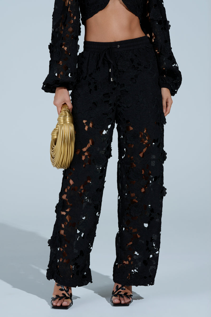 LATE NIGHT DREAMS FLORAL CUTOUT WIDE LEG PANT