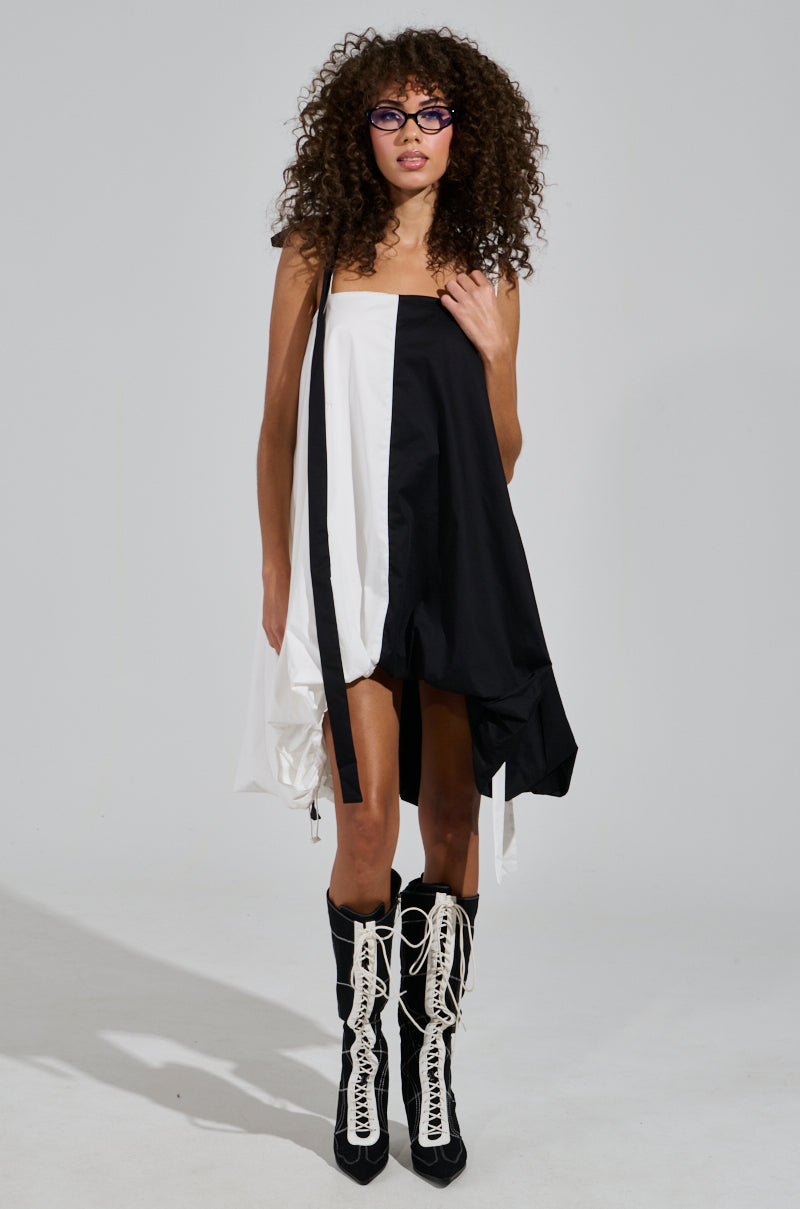 CUTIE GIRL POPLIN MINI BLACK AND WHITE DRESS WITH BOW DETAILS