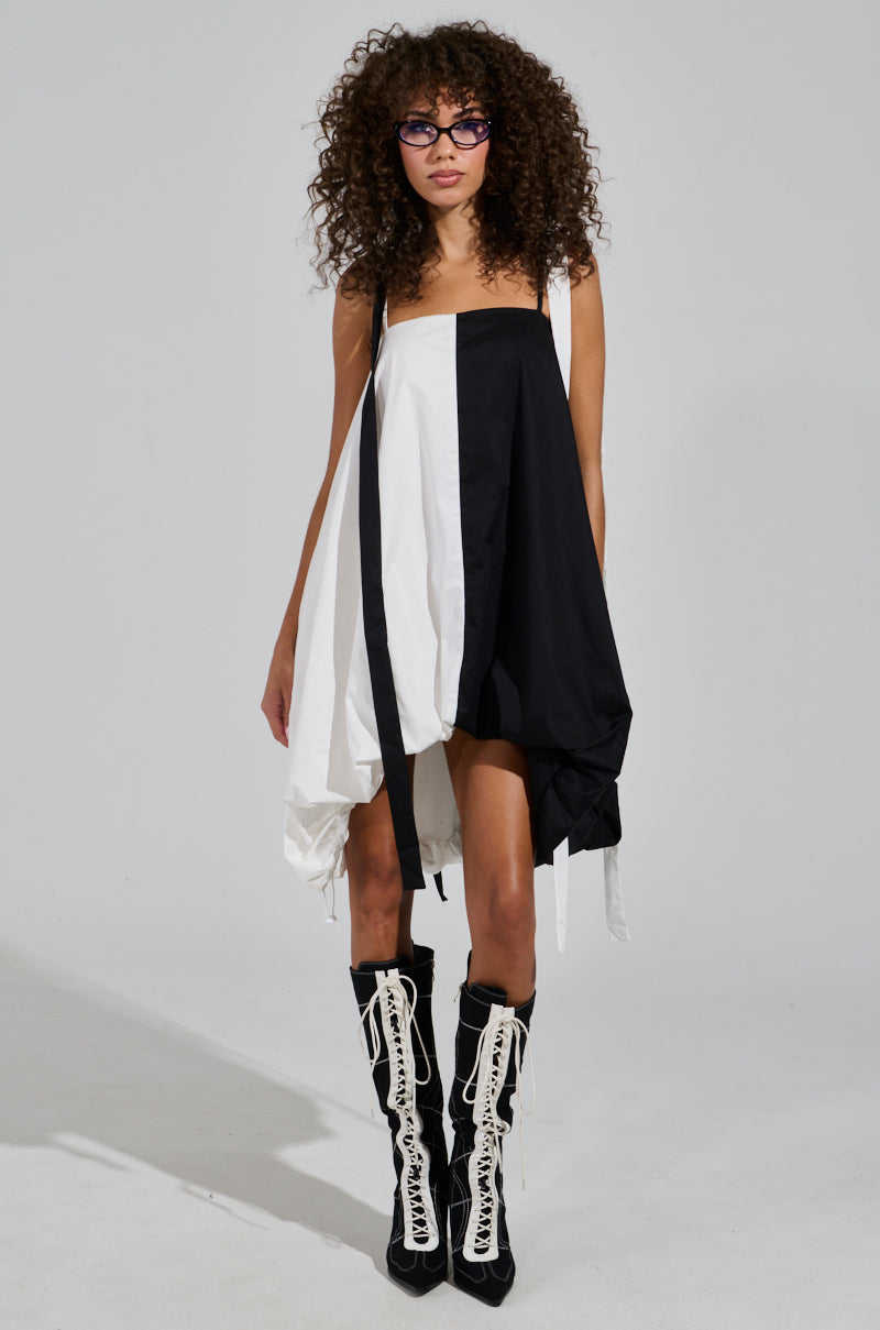 CUTIE GIRL POPLIN MINI BLACK AND WHITE DRESS WITH BOW DETAILS