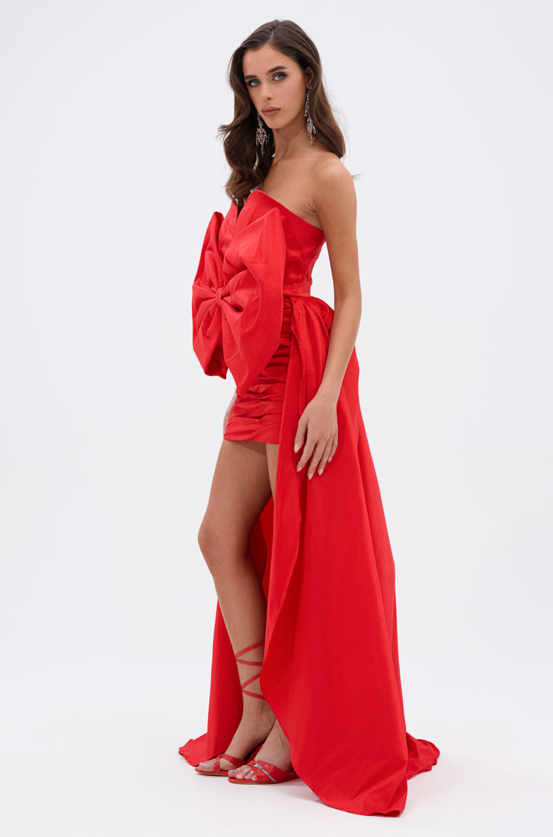 SHE IS THE MOMENT MINI DRESS WITH TRAIN IN RED