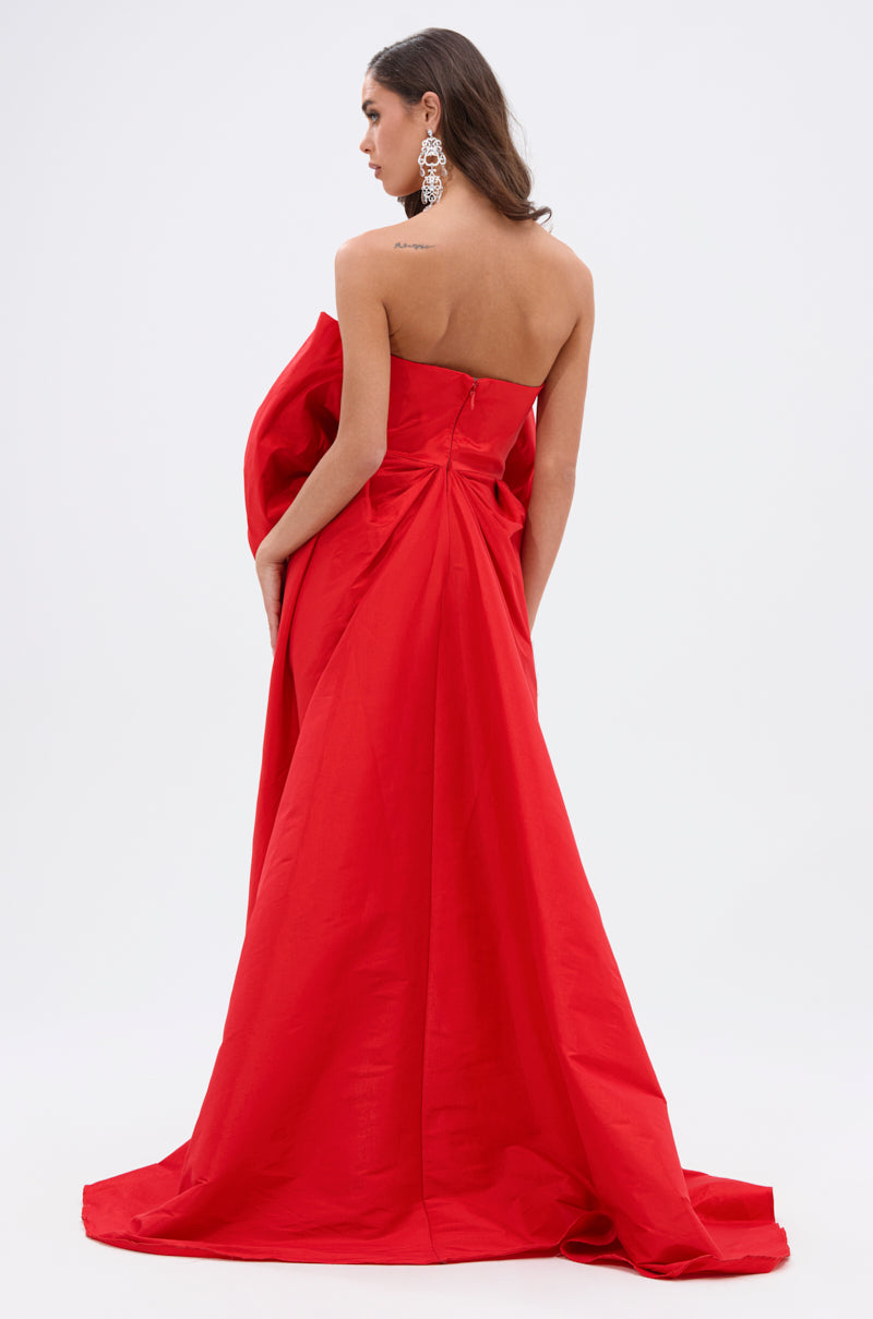 SHE IS THE MOMENT MINI DRESS WITH TRAIN IN RED